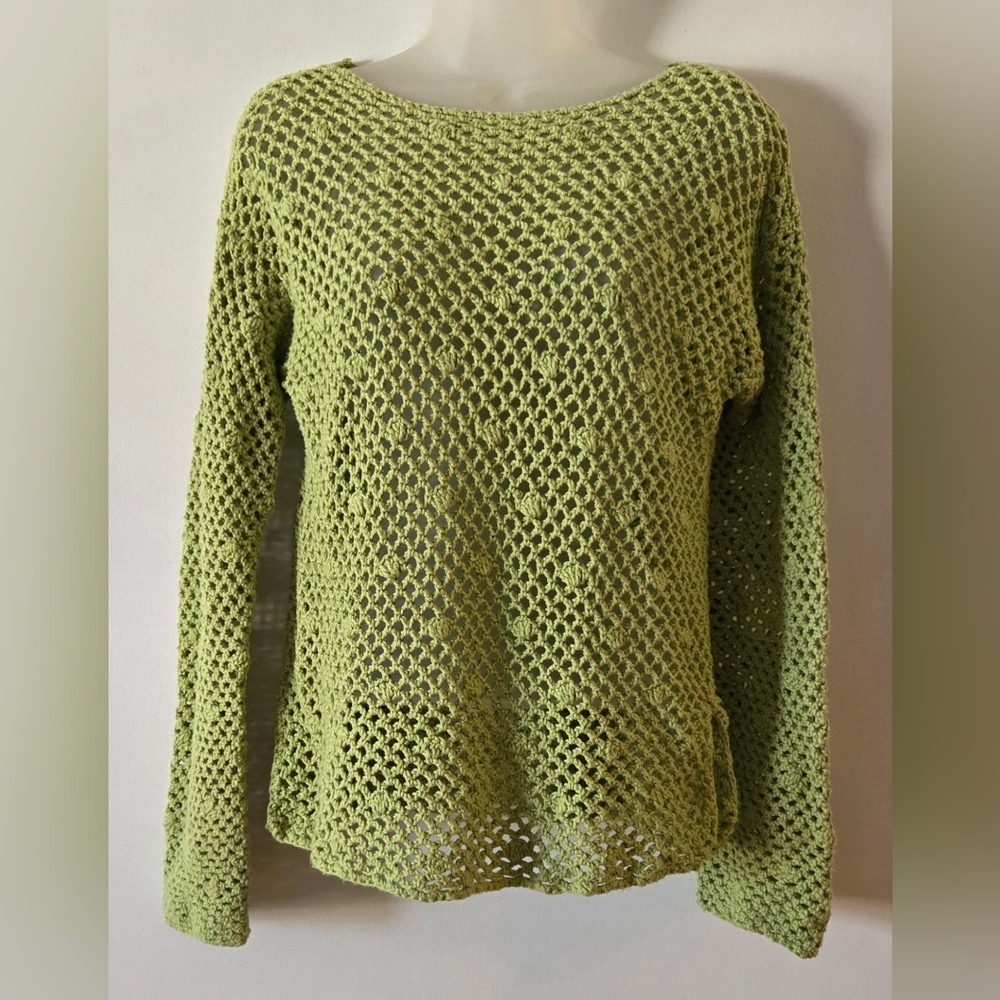 Handmade Vintage Crocheted Top Long Sleeve Cotton Lime Green Euc